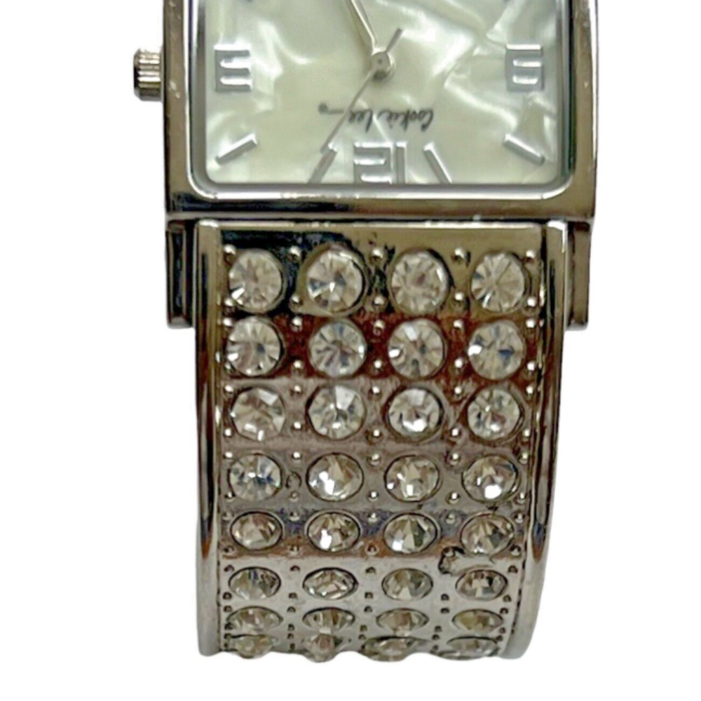 COOKIE LEE Watch Hinged Bangle Silvertone Swarovski Crystals & Mother of Pearl - Picture 2 of 8